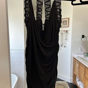 Cache Black One-Shoulder Draped Top with Macramé Straps